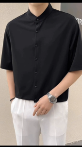 Fashion Full buttons Slits on both sides Drape Casual Tops Plain Stand collar Short sleeves Shirts