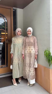 Dress Outer Raya Organza Bordir Lebaran Kondangan Premium Lengan Balon Wanita Muslim Remaja Terbaru