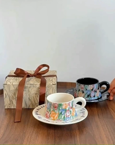 ถ้วยเซรามิคและชุดจานรองย้อนยุคหรูหรา แก้วกาแฟ แก้วมัก แก้วเซรามิค แก้วน้ำ ชุดถ้วยน้ำ ใช้ไมโครเวฟได้ มี2 ลายให้เลือก300ml