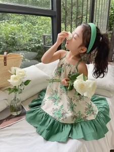Kammy ชุดเดรสเด็กผญ กระโปรงลายดอกสีเขียว ชุดเดรสเด็กหญิง ชุดเจ้าหญิง ชุดเด็กหญิง กระโปรงเด็กหญิง
