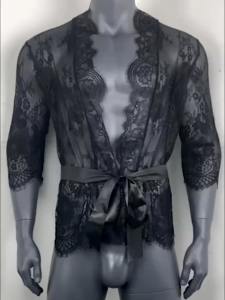 Blissful Men เสื้อคลุมอาบน้ำสั้นลูกไม้พิมพ์ดูผ่านชุดนอนเอว Frenum สบายชายเสื้อคลุมอาบน้ำชุดชั้นใน