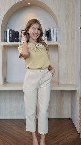 B19 เสื้อแขนสั้น คอปกทูโทน แต่งโบว์ ใส่ทำงานสวยๆ ชุดทำงาน สไตล์มินิมอล เกาหลี ร้าน Easter Egg