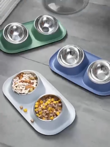 ชามอาหารสัตว์เลี้ยง ชามสัตว์เลี้ยงแบบกันมด ชามข้าวสุนัข ชามอาหารแมว 2 หลุม ถอดล้างได้หลุม มาพร้อมชามแสตนเลส