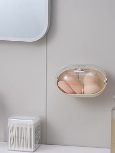 Beauty Egg And Sponge Storage BoxWaterproof No Punching Wall Mounted Storage Container Transparent Cover Dustproof Cosmetics Storage Breathable Compartment Design Home Beauty Tool Storage Box