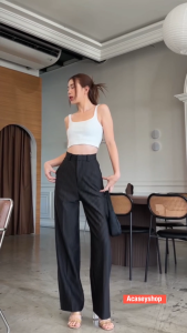 Acasey กางเกงขายาวผู้หญิง ลายริ้ว ผ้าโรเชฟ high-waist Rose Pants ไซส์ S - XL