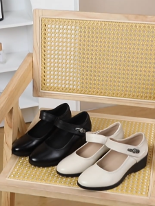 Size 35-40 Womens Thick Heels Leather Shoes Black Wedge Sandals Velcro Middle Heel Nurse Shoes