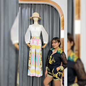 กางเกงขายาว ทรงกระบอก ผู้หญิง สง่างาม สีพื้น ลายริ้ว ผ้าโพลีเอสเตอร์ ผ้านิ่ม เอวสูง รุ่น BN024