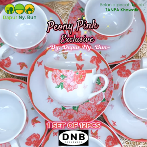 Cangkir Set Tatak Alas Motif Pink Peony Isi 6 Pasang
