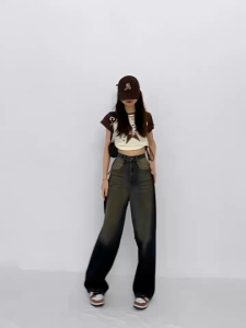 chen shop กางเกงยีนส์ขายาวเอวสูงทรงกระบอก ตกแต่งกระเป๋า  วินเทจ แนวสวยสุดฮิตวัยรุ่นมากๆ