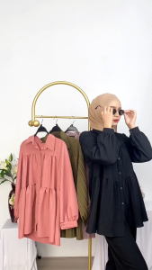 เสื้อทรงเชิ๊ตระบายสามชั้น ติดกระดุมหน้า เนื้อผ้าด๊อบบี้ ระบายอากาศได้ดี สไตล์มินิเดรสDF93วาริสมุสลิม