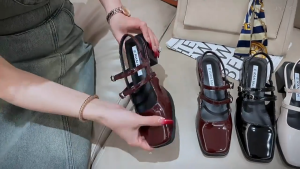 Womens Shoes Baotou Sandals Retro Square Toe Thick Heel High Heel With Straight Back Shiny Leather Strap