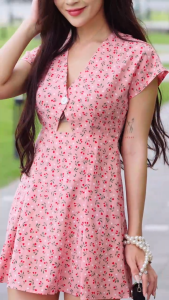 Đầm Maybi mini xòe lụa in vai rộng