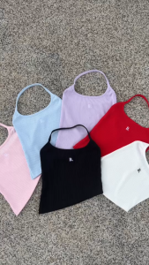 BABEJUB.X l Uni Top คล้องคอสีพื้น ผ้าร่องใหญ่ ดีเทลปลายแหลม ปักโลโก้กลางอก