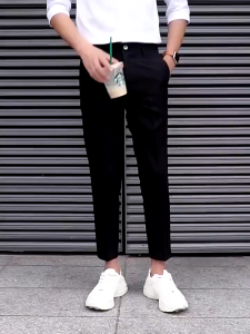 กางเกงขายาว กางเกงสแลคผู้ชาย ผ้าบางไม่หนาไม่บางมาก สไตล์เกาหลี รูปทรงเนียน แฟชั่นสำหรับผู้ชาย ลำลองใส่สบาย กระบอกเล็ก จีบหน้า ผ้านิ่ม K1458