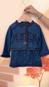 Setelan Anak Perempuan Denim Suit Jacket Short Skirt Kancing Pita