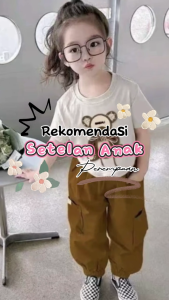 Setelan Anak Perempuan Model Cargo dan Kaos Atasan Motif Beruang Usia 1-5 Tahun