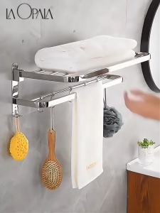 LA OPALA 304 Stainless Steel Towel Rack Punch-free Collapsible Towel Holder Bathroom Towel Drying Rack