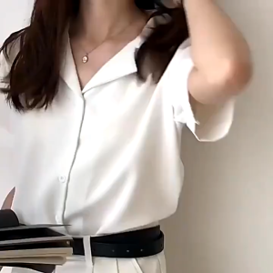 Womens Summer Polo Blouse Korean Style Short Sleeve Shirt Chiffon Loose Fashion Plain Color Top S-2XL