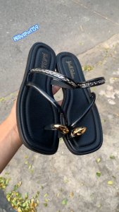 Sandal Jepit Wanita Jelly Motif Garis Gold Kekinian Simpel Trendi Anti Slip