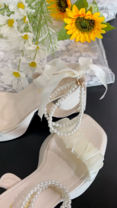 Pearl Lace Straps French Platform Sandals with Heels for Women Formal Fashion Elegant Block Heels