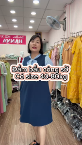 [HANNA] Đầm bầu công sở dáng suông có size 80kg vải mềm mát có túi bên sườn lên gọn dáng có khuy nút cột sau