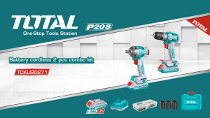 TOTAL Li-ion Combo Kit w/ Brushless Impact Wrench & Cordless Drill (20V) + Battery (2 Pcs) + Charger + Case TCKLI20271