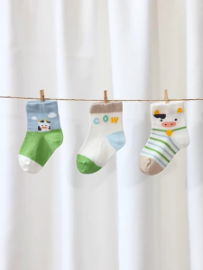 [New Arrivals] Beibi Cotton Breathable Socks Cute Cow Farm Animals (3Pairs/Box) for Baby Toddlers 贝比童袜纯棉透气可爱宝宝婴儿童袜子