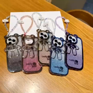 Luxury Glitter Cute Bear Short Lanyard Phone Case for Iphone 15 14 13 12 11 Pro Xs Max Xr X 7 8 Plus Soft Silicone 14 15 Plus Bracket Casing Shockproof Back Cover