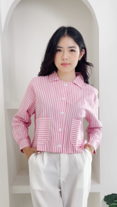QUEENTIN Kemeja Wanita Crop 0615 Katun Polymicro Motif Salur Lengan Panjang