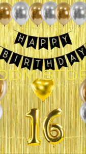 Dekorasi Acara Pesta Ulang Tahun Anak Warna Gold Banner Tirai Gratis Balon Angka