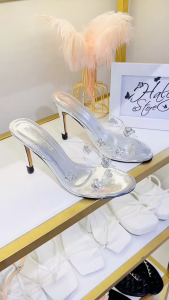 Guốc bạc đá tròn HALEY STORE cao gót 9cm mũi hở quai trong suốt mika gót nhọn tiểu thư tiệc cưới cô dâu đi chơi đi tiệc