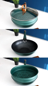 QME 3IN1 Emerald Green Wajan Batu Medis dengan Steamer 32 CM Anti Lengket Hijau Premium Panci Kukus Serba Guna 32cm Kitchenware