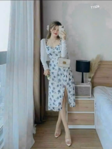 Đầm body voan hoa 2 dây xếp ly có lót mút ngực kèm áo khoác tăm màu y hình T1526