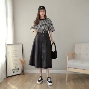 Plus size New Elastic Waist Denim Long Skirt Women A-Line Cake Skirt High Waist Sweet Casual