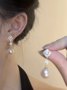 LL 18K gold snowflake cross zircon tassel long pearl earrings ES63657