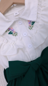 [Manila Stock Fast Delivery] Emerald Green & Burgundy Girls Dress 2-7 Years Old Embroidery Floral Short Sleeve + Detachable Bow Belt | OOTD Shirt Collar Dress for Kids Party Casual Wear