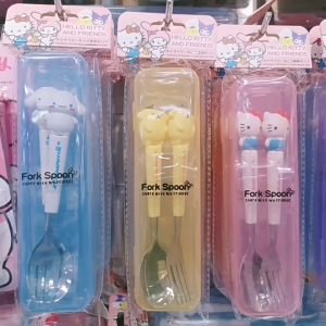 Sanrio Stainless Steel Tableware Set Cute Kuromi My Melody Hello Kitty Cinnamoroll Fork Spoon Set With Portable Box Student Cutlery