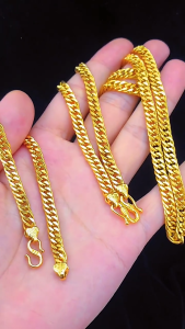 24k Saudi Gold Necklace Pawnable Fortune Button Boss Flat Chain Necklace Bracelet Set