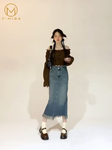 F·MIGA C126 HighWaist Korean A-Line 3/4 Rok Denim Midi Jeans Wanita - Biru