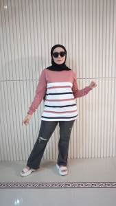 LegyStore Kaos Wanita Kombinasi Garis Salur Lengan Panjang Katun Combed 20s PREMIUM
