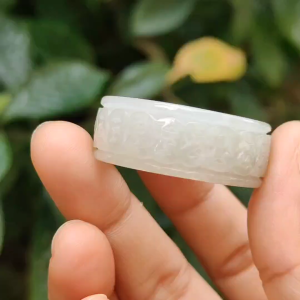 Quality White Natural Type A Jadeite Jade crafted with many coins as Ring with Finger size 21 mm QIC approved labs certificate weigh 22.07 grams measurement 12.5 * 6.7 mm (ring6)