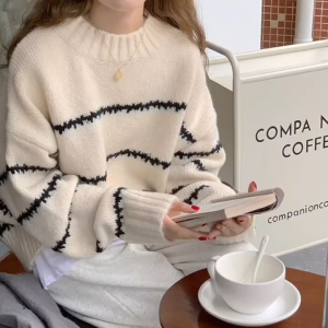 Longgar Korea Baru Sweater Pullover Leher Bulat Wanita Bergaris Warna Kontras Sweater Rajut Lengan Panjang