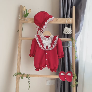 BD197 Body áo liền quần dài đỏ RIOKIDS quần áo cho bé gái sơ sinh đầy tháng thôi nôi