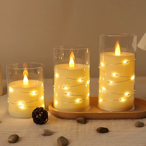 เทียนสีกากี เทียนอิเล็กทรอนิกส์ เทียนพลาสติกมีครอบโปร่งใสสูง ประดับไฟรอบๆ เทียนตกแต่งโรงแรมธีมโรแมนติก เทียนขอแต่งงาน เทียนงานแต่งงาน