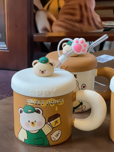 Cốc Uống Nước Ly Cốc Sứ Văn Phòng Có Nắp Ống Hút Hộp Quà Tặng Hình Gấu Dễ Thương