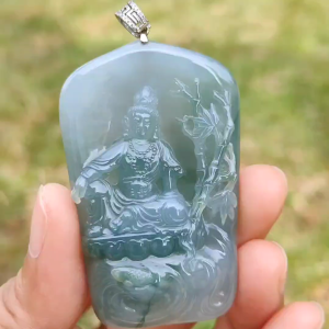 Premium Quality Semi Icy Light Green Natural Type A Jadeite Jade crafted with Guanyin as pendant certificate included weigh 45.05 grams measurement 56 * 35.6 * 11.8 mm (18kp24)