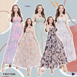 B21046 เดรสยาว แขนใส่ห่วง กระโปรงระบาย 4 ชั้นLong dress looped sleeves 4-layer ruffle skirt.