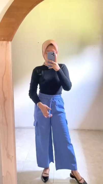 Celana Kulot Cargo Highwaist - Celana Panjang Wanita Kekinian bahan