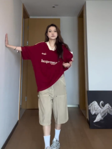 Contrast EmbroideryT-shirt For Women Hip-hop Loose Top Versatile Short Sleeved Couple T-shirt