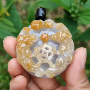 Yellow and Purple with some spreads of red patches Natural Type A Jadeite Pendant Necklace crafted with double pixiu coin and bat boosting your luck money and blessing certificate included weigh 41.87 grams 45 * 44.9 * 13 mm
